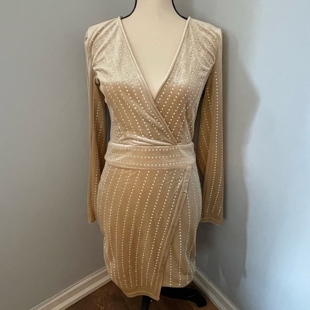 Forever 21 Elegant Champagne with rhinestones Long Sleeve Dress